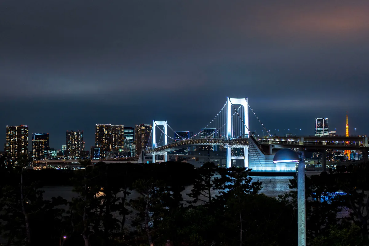 夜の東京ベイに浮かび上がるレインボーブリッジ
